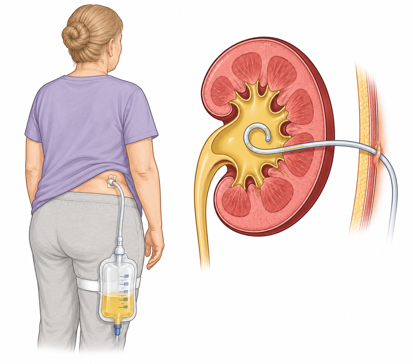 Nephrostomy tube — external drainage bag and kidney cross-section showing pigtail in renal pelvis